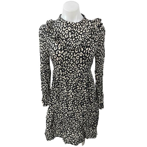 ZARA Black Cream Leopard Animal Print Long Sleeve Ruffle Mini A-line Dress XS - Picture 4 of 8